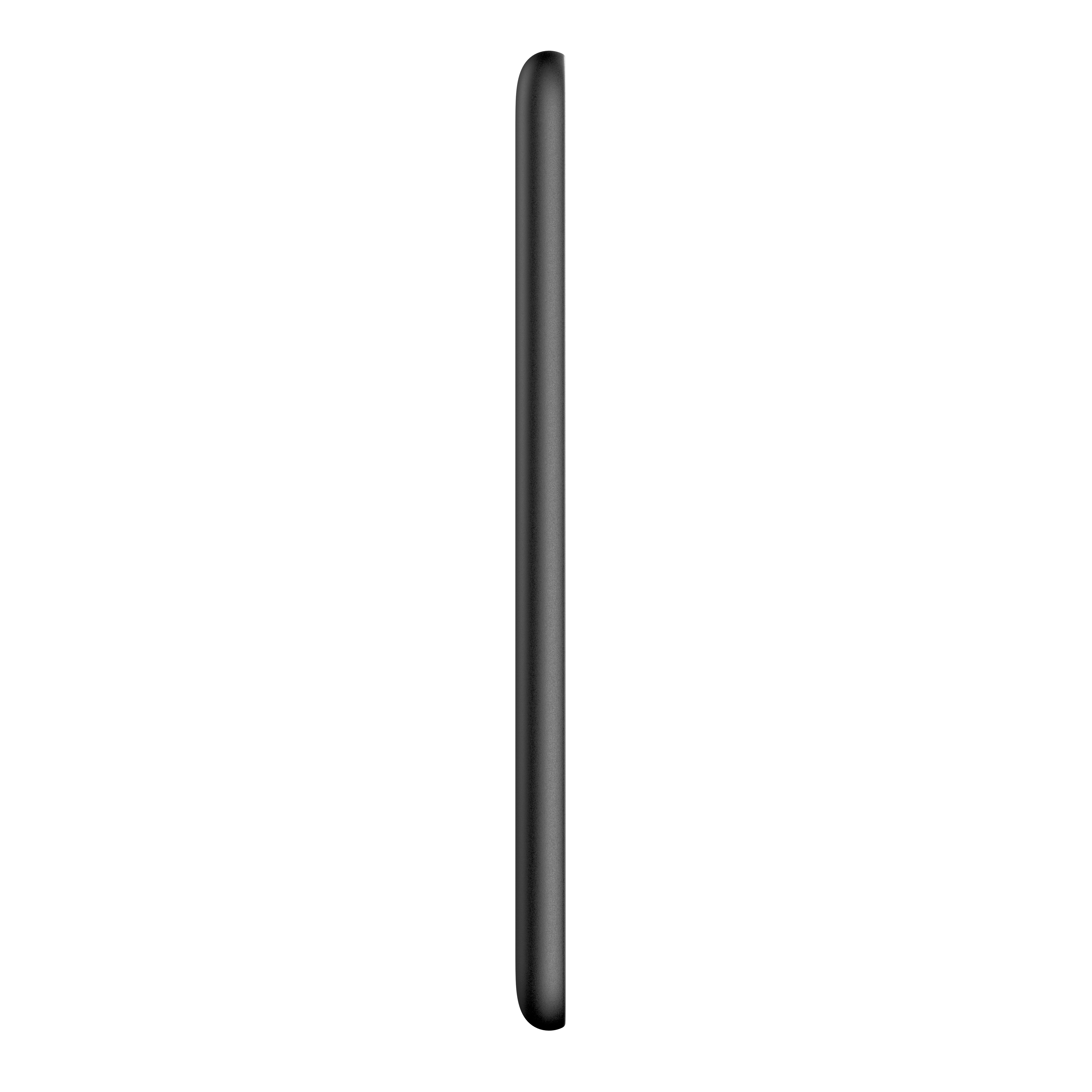 Schwarze, schlanke Telefonansicht von der Seite vor schwarzem Hintergrund. Das Telefon hat glatte Kanten.