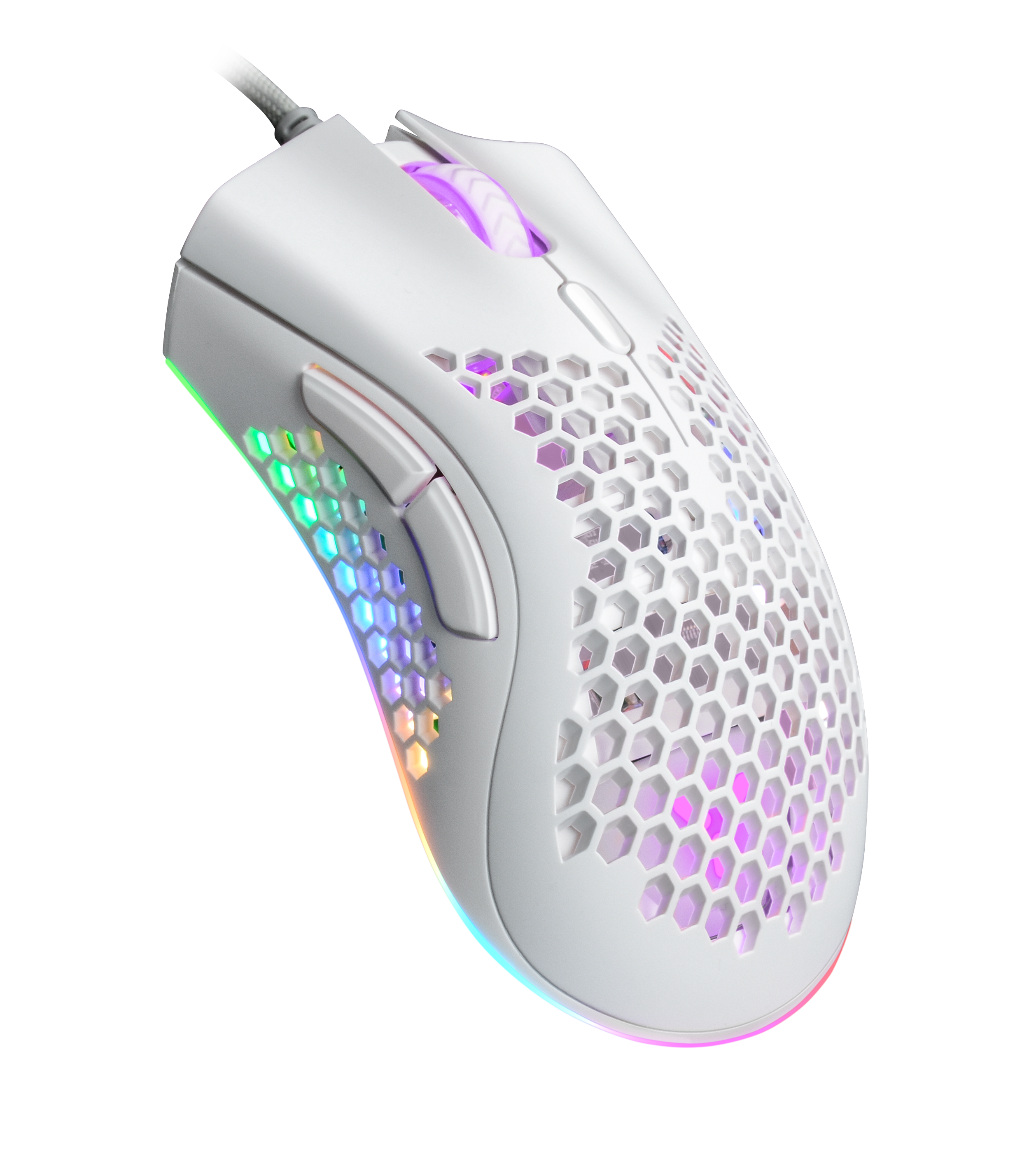 Eine weiße Gaming-Maus mit Wabenmuster und LED-Beleuchtung.