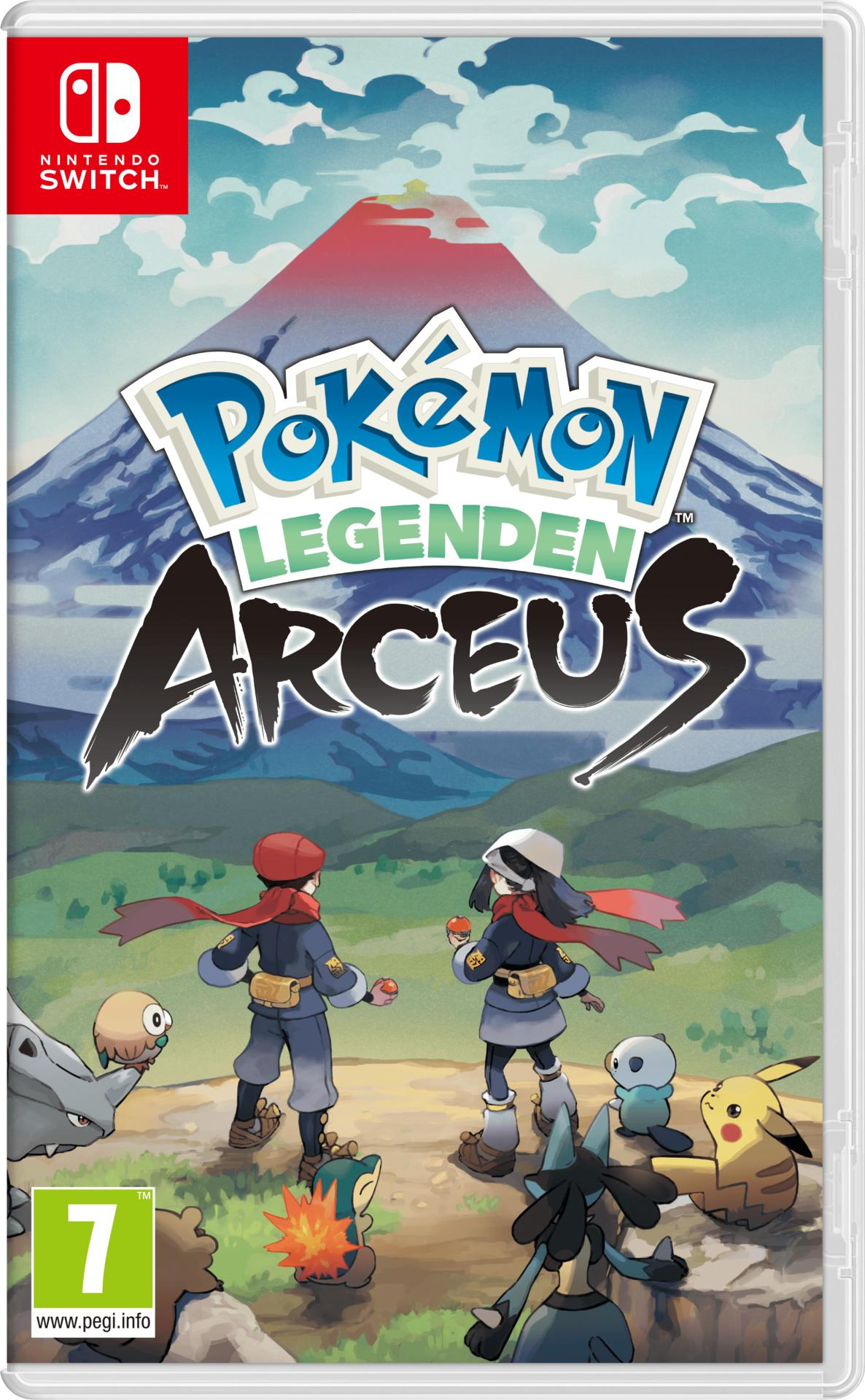 Pokemon Legenden Arceus Switch-Spielbox. Zeigt zwei Charaktere in Winterkleidung und verschiedene Pokemon.