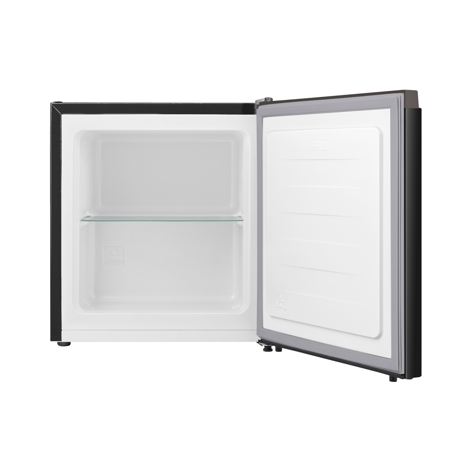 A small refrigerator with the door open, showing glass shelves and a white interior.