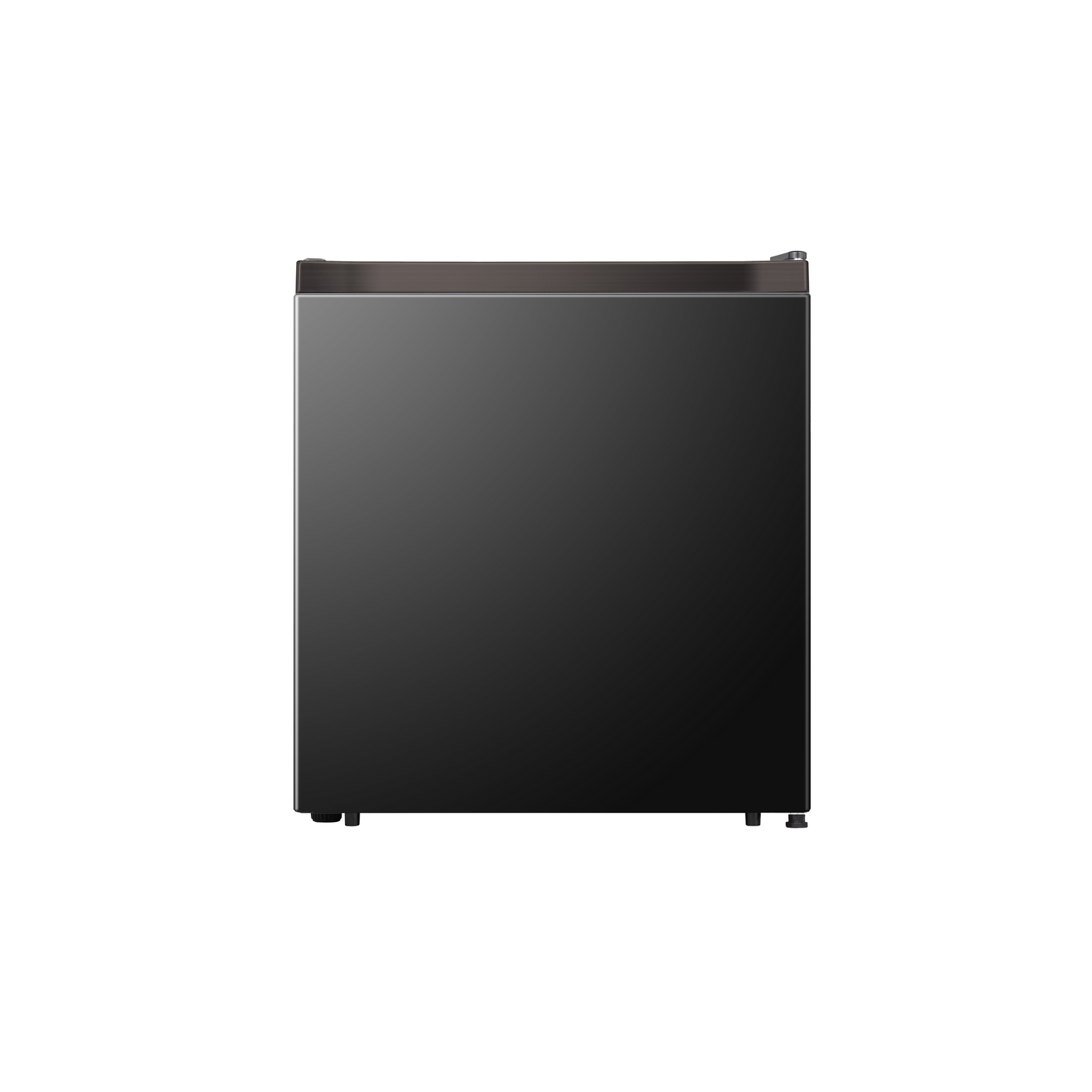 A black dishwasher seen from the front with a sleek design and a dark surface.