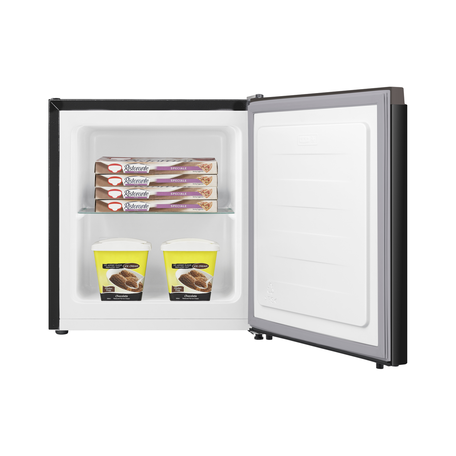 Small refrigerator open. Contains ice cream and frozen pizzas. White interior.