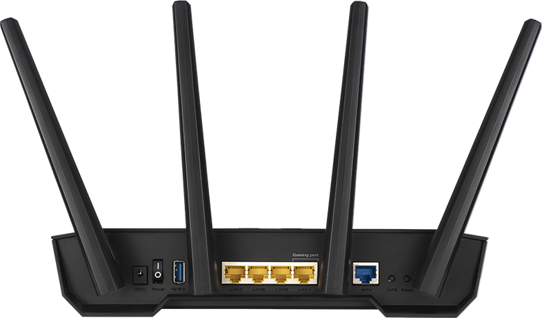 Fekete router 4 antennával és portokkal. Fekete alapon táp-, LAN- és WAN-portok vannak rajta.