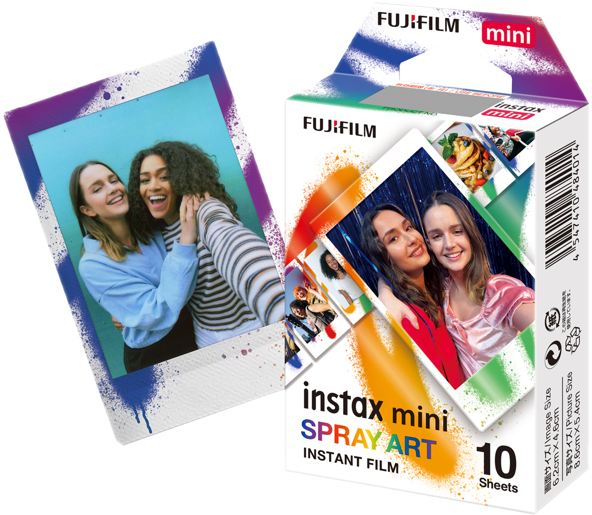 Boîte de film Fujifilm Instax Mini, avec une photo de deux femmes souriantes et une image de photos.