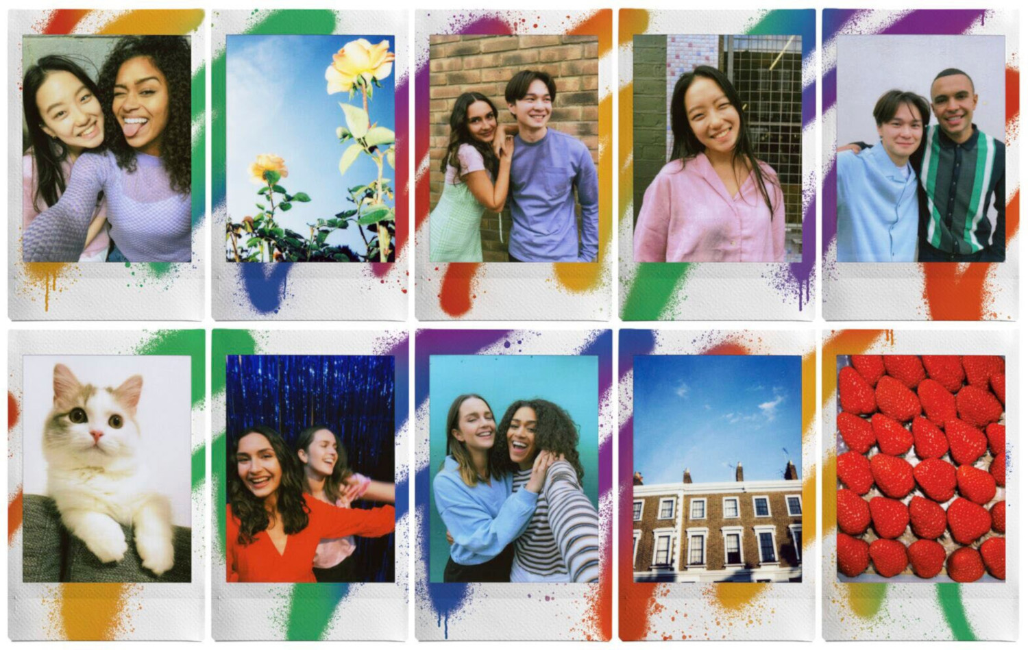 Un collage de photos Polaroid avec divers sujets : personnes, fleurs, chats et bâtiments.