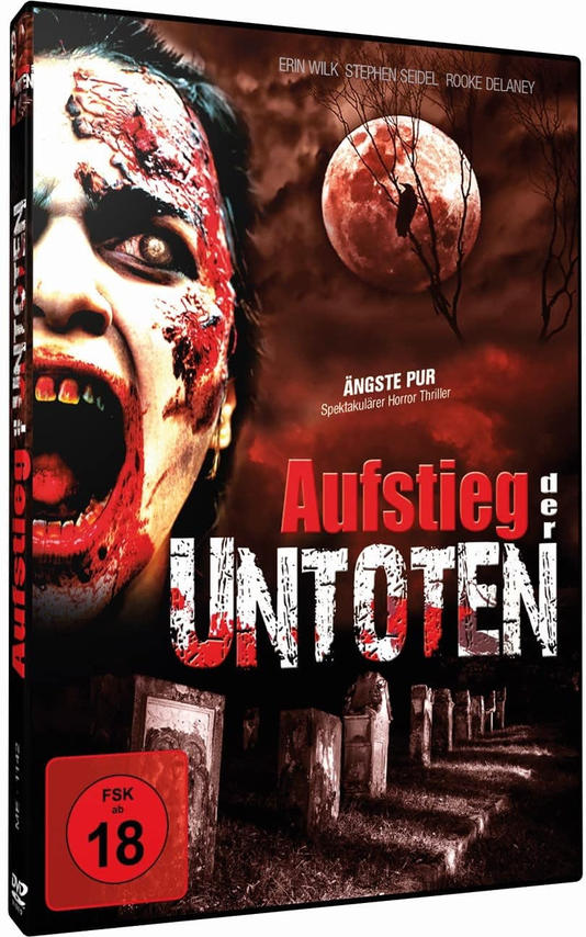 Ein Zombie mit blutverschmiertem Gesicht, geweiteten Augen, schreit. DVD-Cover mit Friedhofshintergrund.