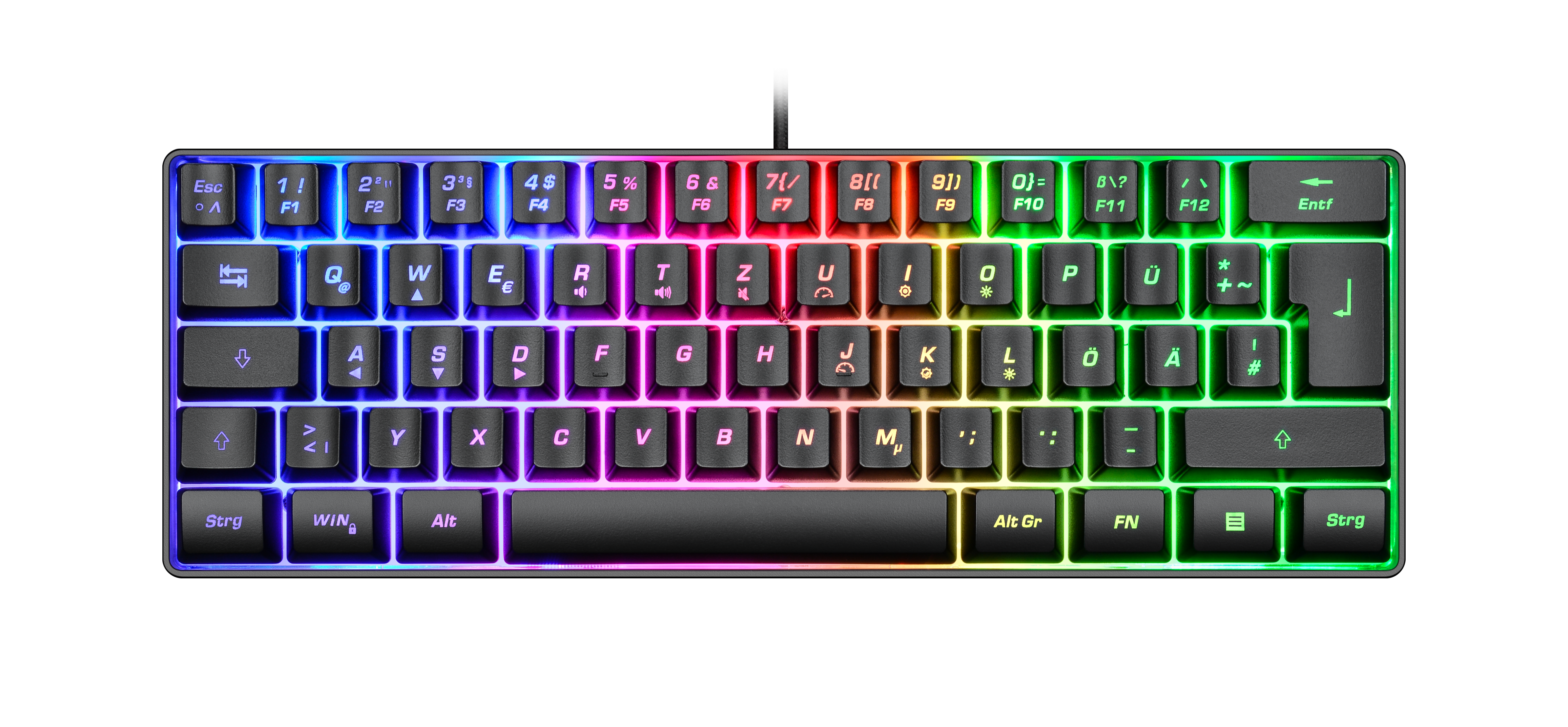 Eine kompakte, regenbogenfarben beleuchtete Tastatur mit schwarzen Tasten und farbigen Buchstaben.