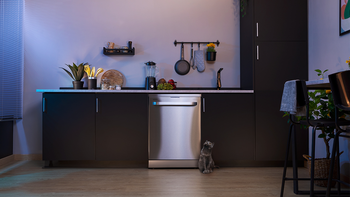 Una cocina moderna con lavavajillas y un gato sentado en el suelo.