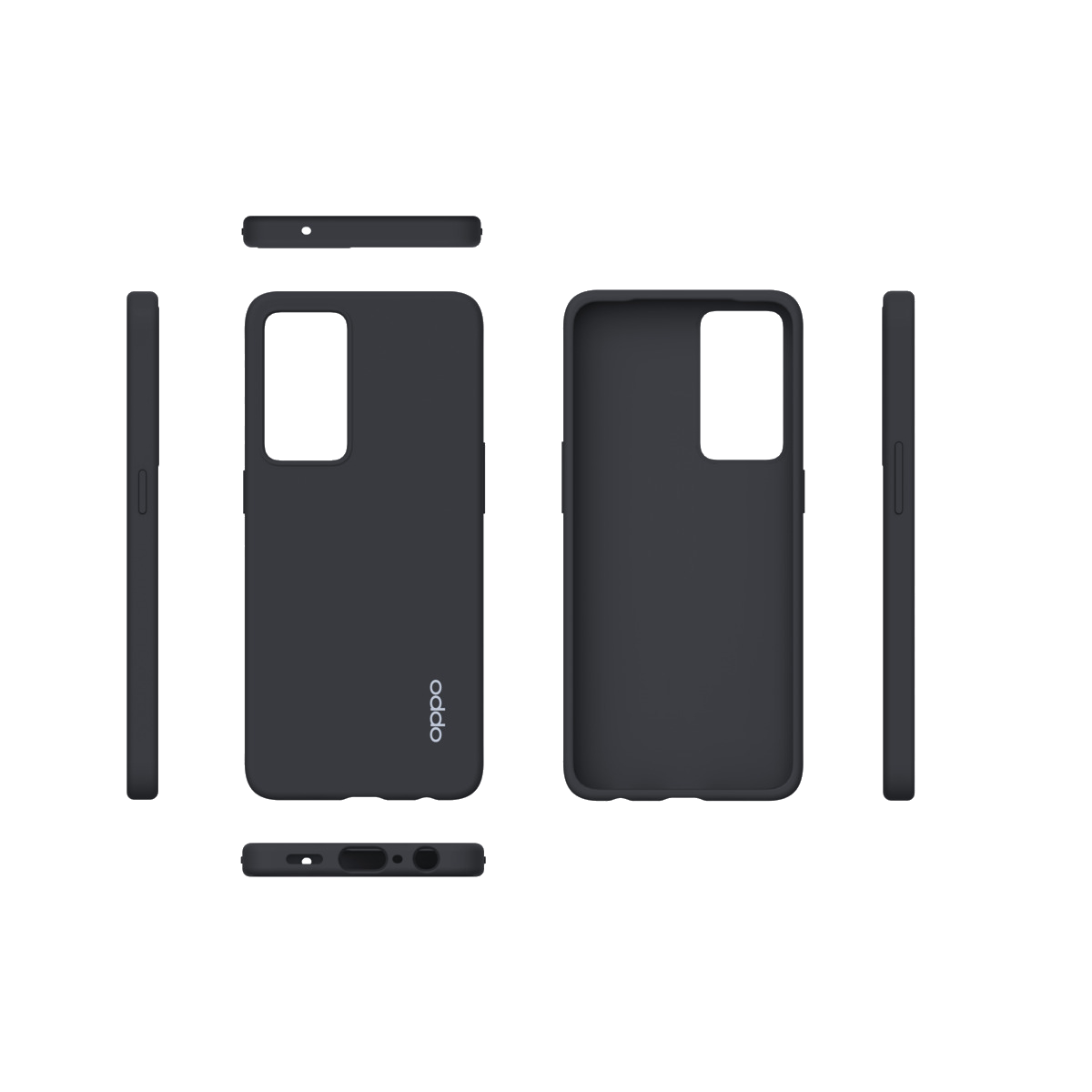 Funda negra Oppo. Múltiples vistas. Muestra el orificio de la cámara y el logo Oppo.