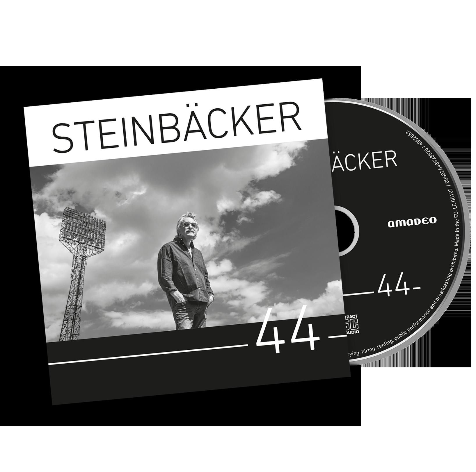 Albumcover. Steinbäcker-Titel, ein Mann in der Mitte und eine CD rechts.