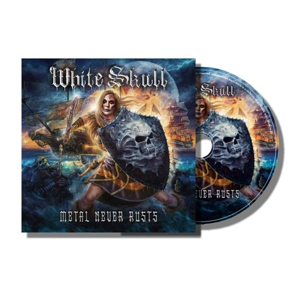 Albumcover von White Skull, eine Frau mit einem Schild, ein Schiff und die Worte Metal Never Rusts.