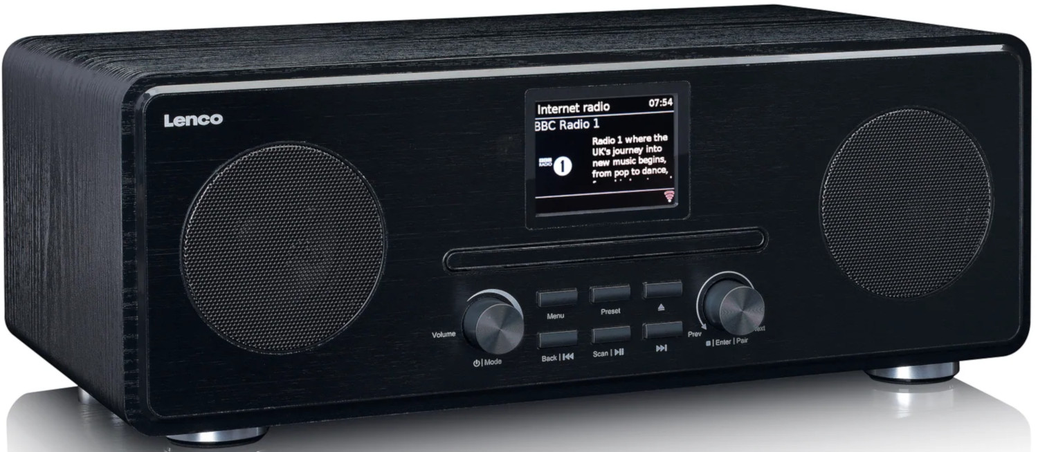 Black Lenco internet radio. Displays radio info on screen, with volume and tuning knobs.