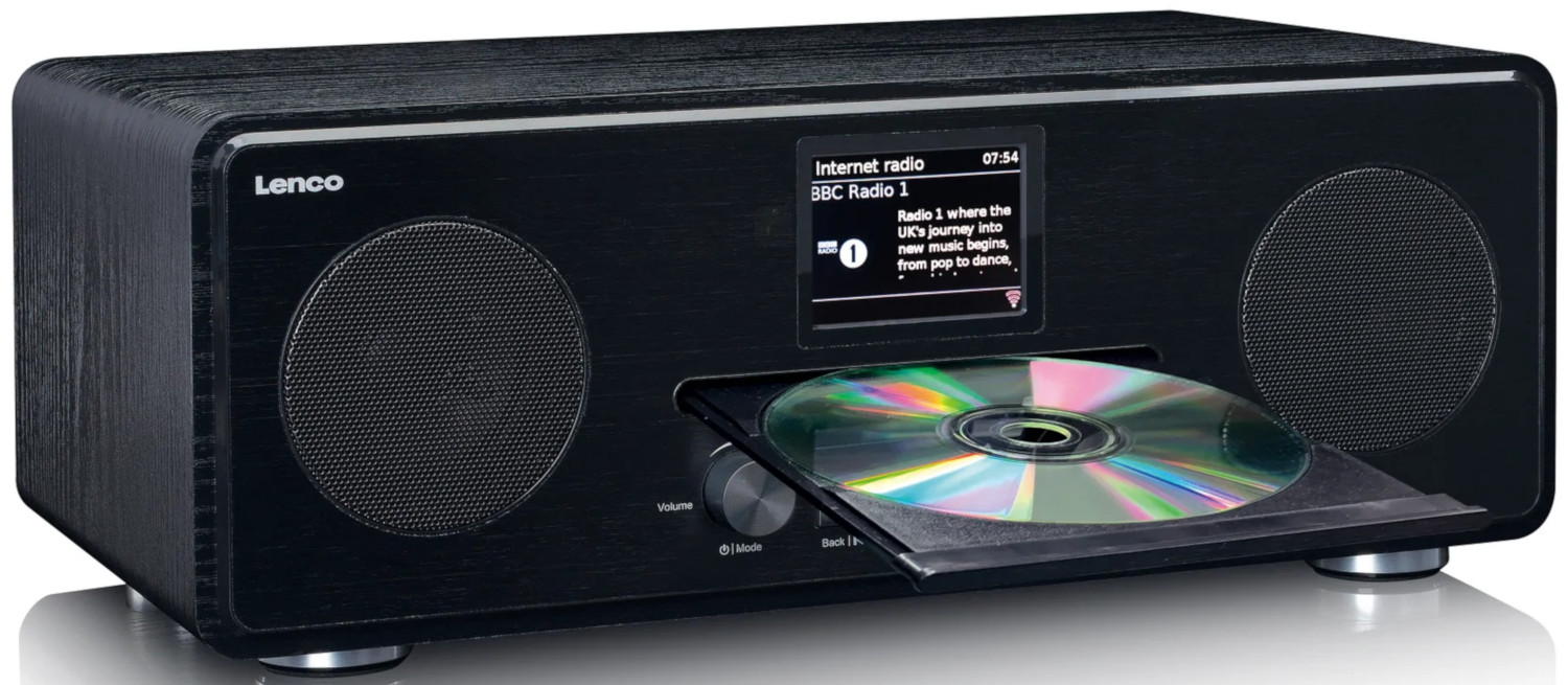 A black wooden radio with a CD player, display and speakers.