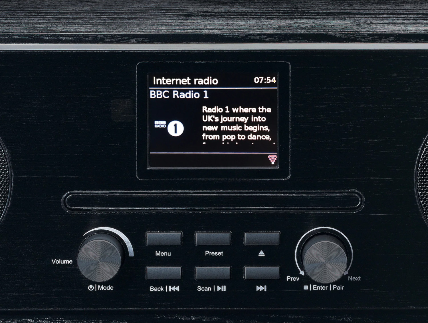 Black internet radio with a screen showing BBC Radio 1. Controls for volume and presets.
