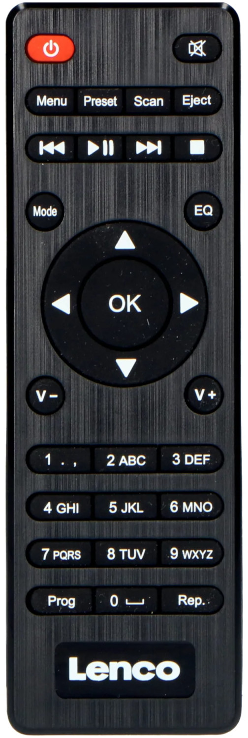 A black remote control with many buttons.