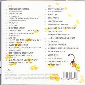 Die Rückseite einer CD mit einer Liste von Liedern und einer Zeichentrickkatze.
