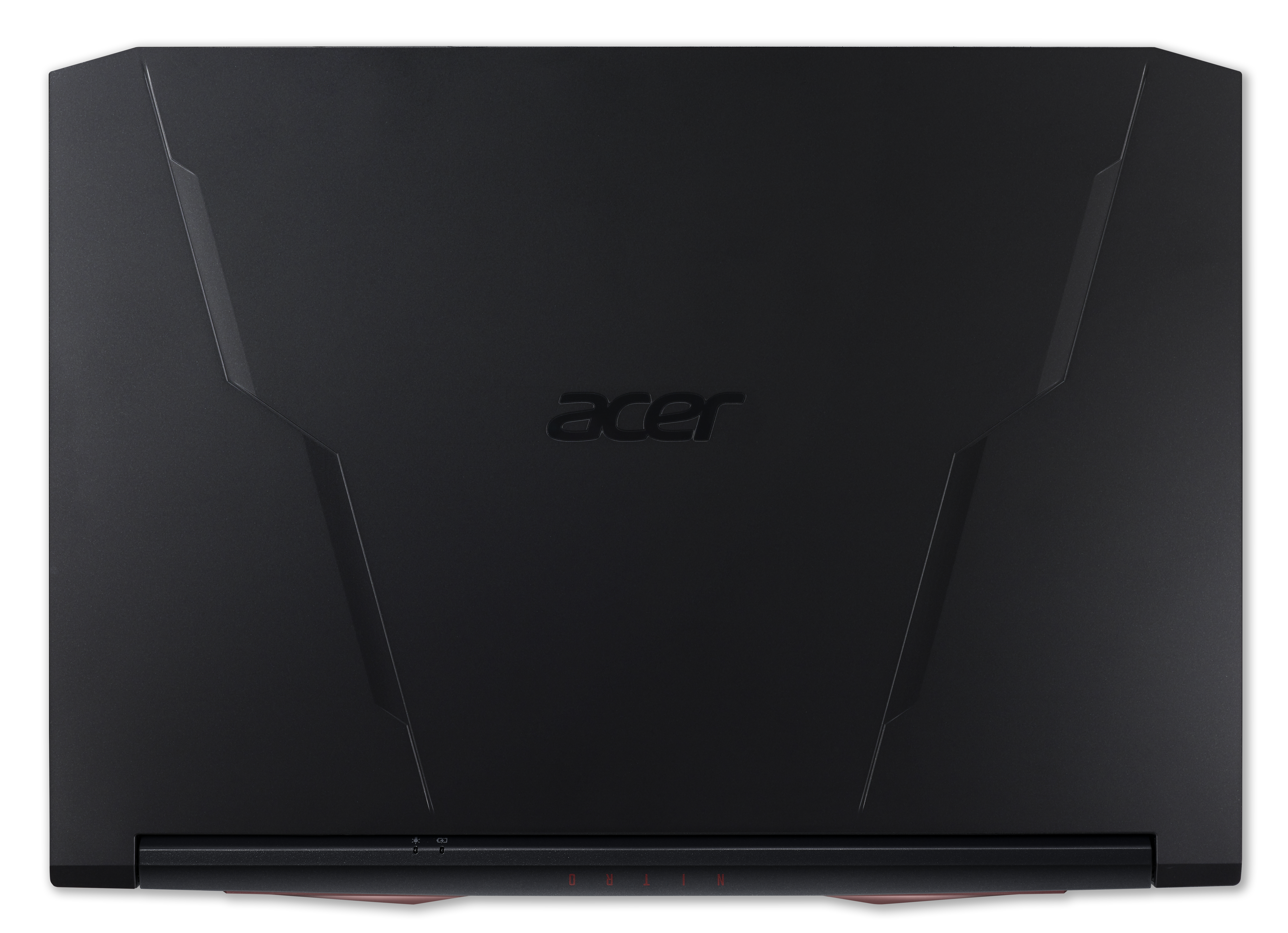 Schwarzer Laptop, Draufsicht mit Acer-Logo in der Mitte. Es ist vor weißem Hintergrund.