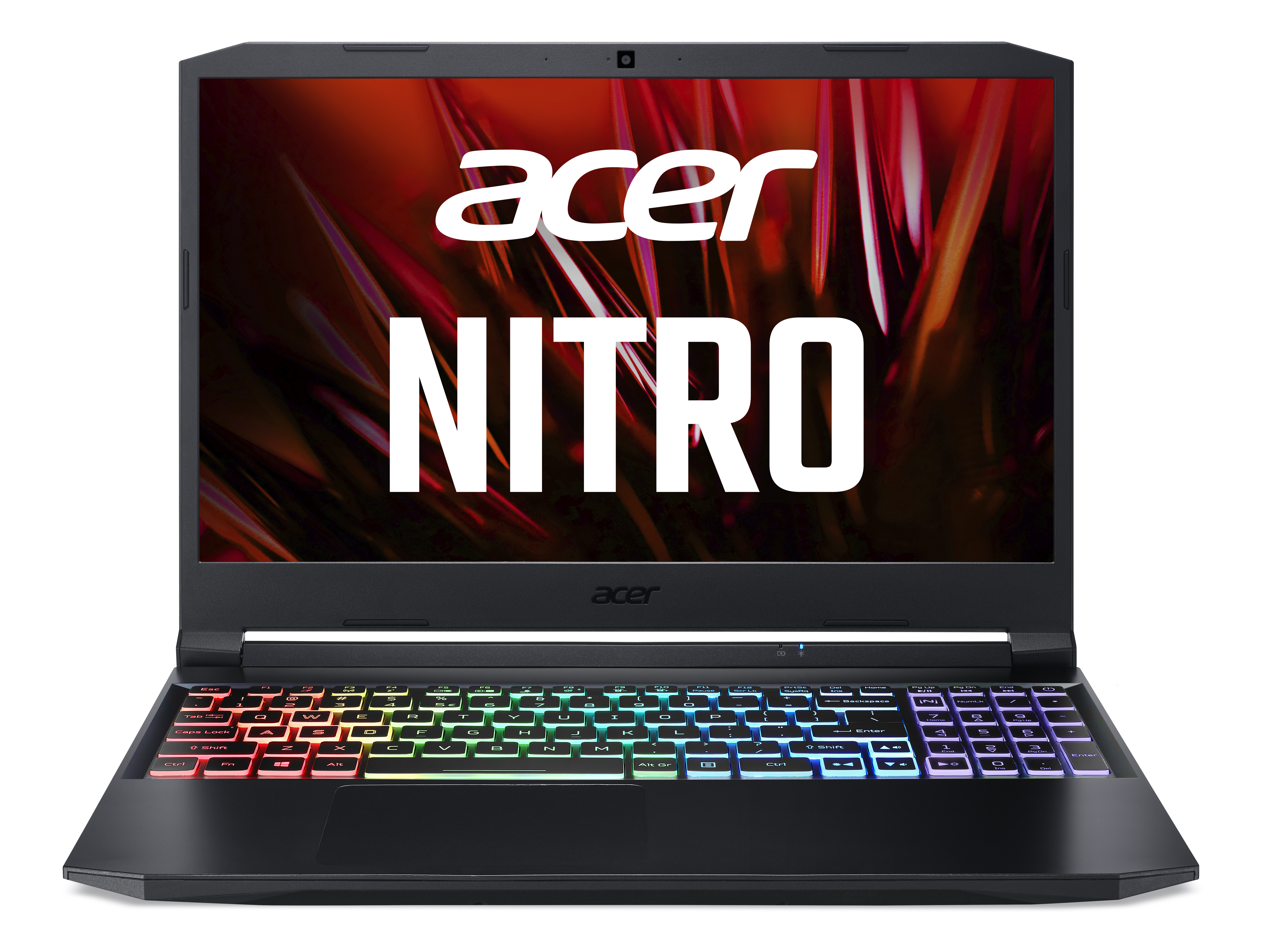 Acer Nitro Laptop. Schwarzes Gehäuse, RGB-Tastatur und Acer Nitro Logo.