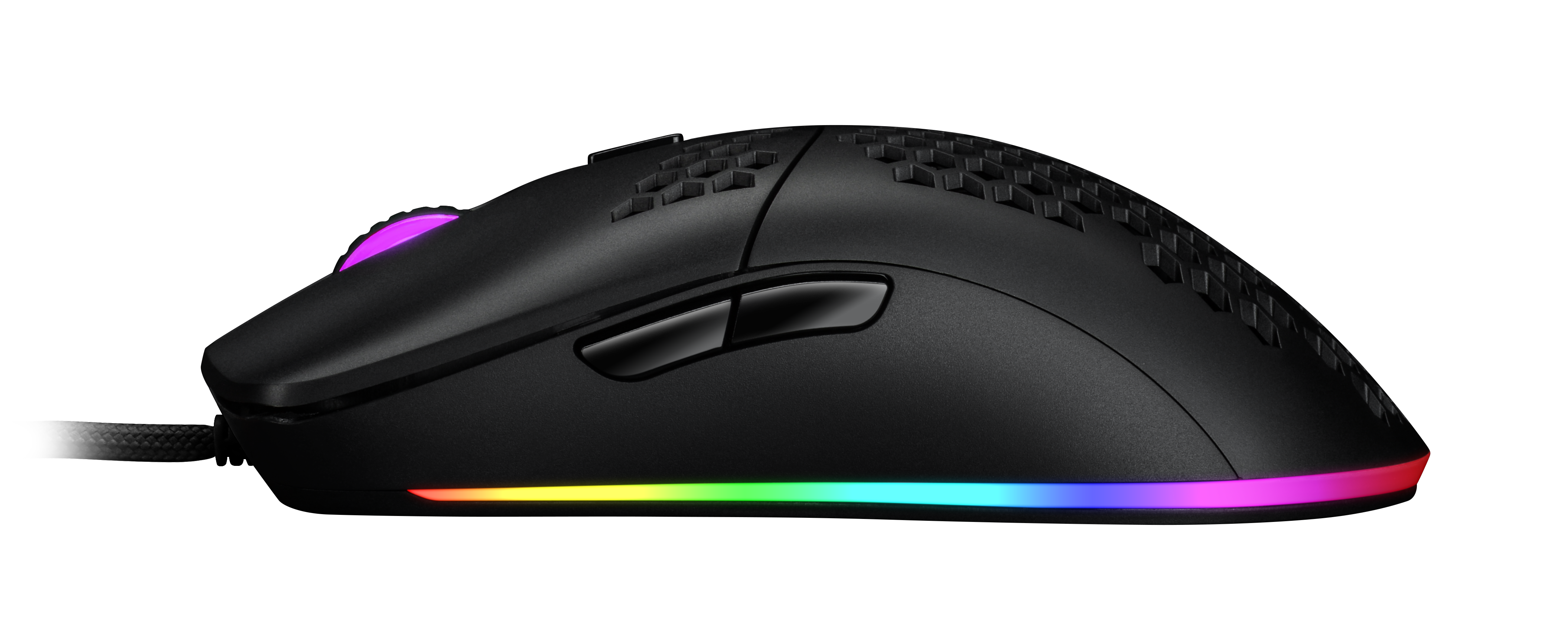Schwarze Gaming-Maus mit RGB-Beleuchtung unten, schwarzer Hintergrund.