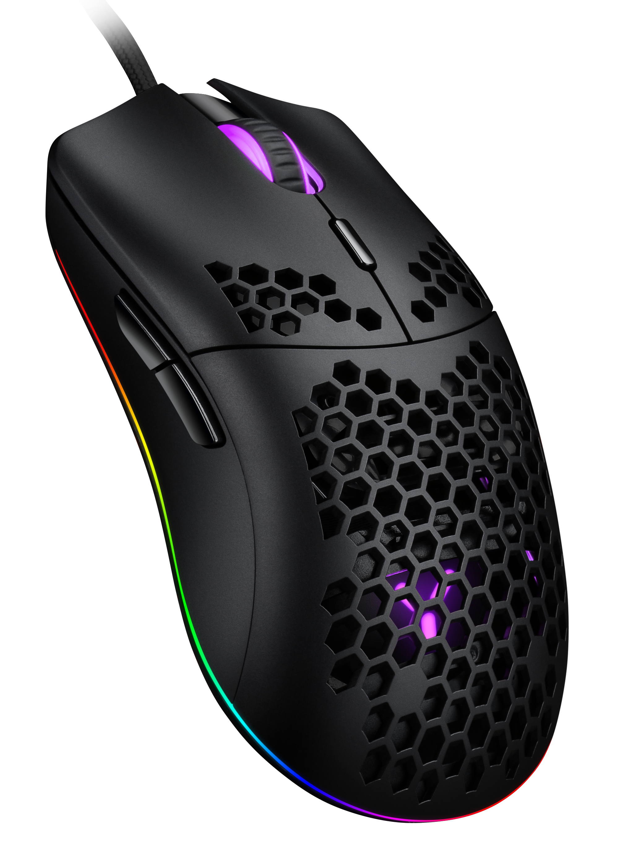 Schwarze Gaming-Maus mit Wabenmuster, Regenbogenlichtern und Tasten. Schwarzer Hintergrund.