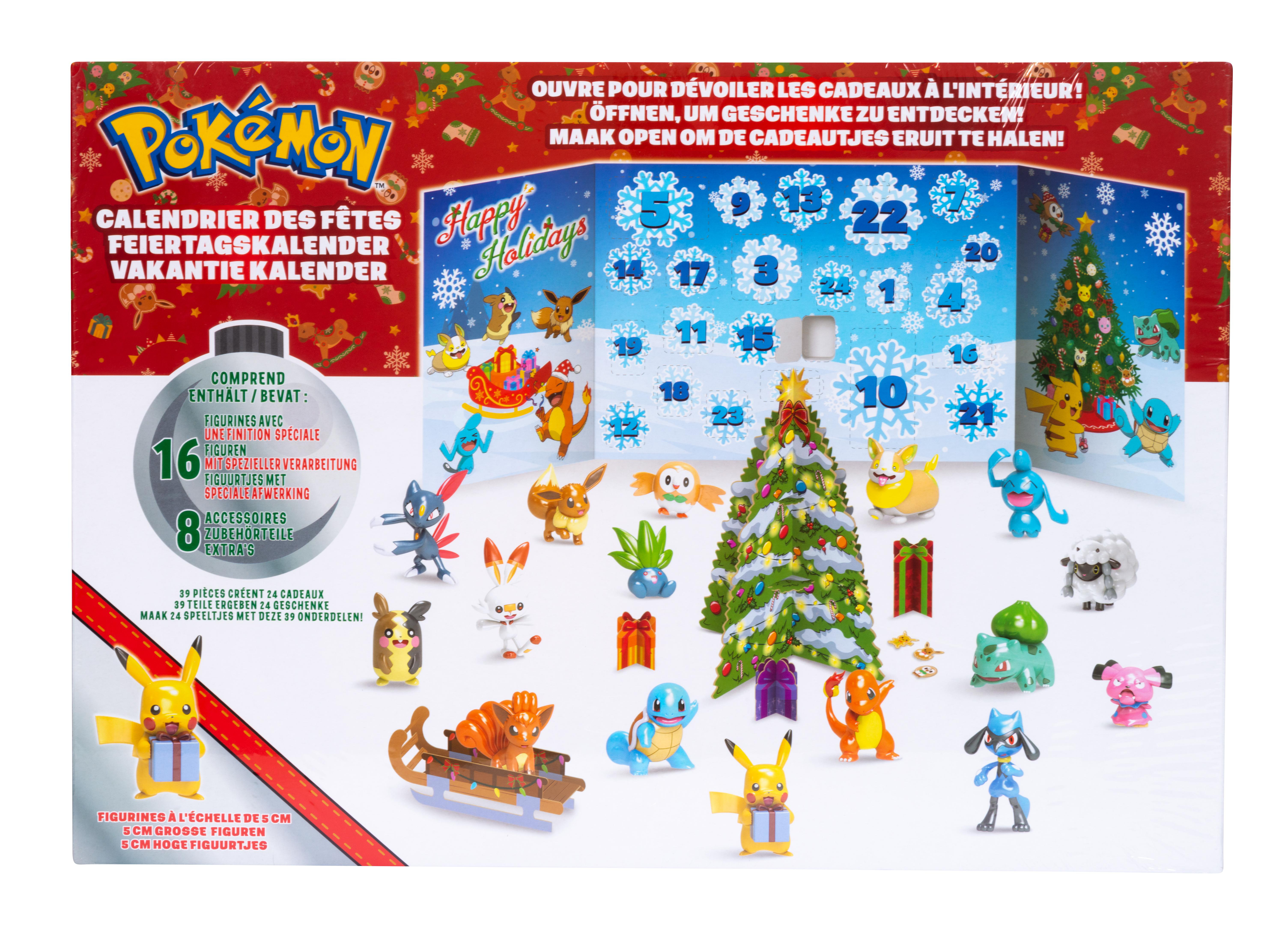 Ein Pokémon Adventskalender mit Figuren und Weihnachtsdekorationen. Er ist geöffnet.