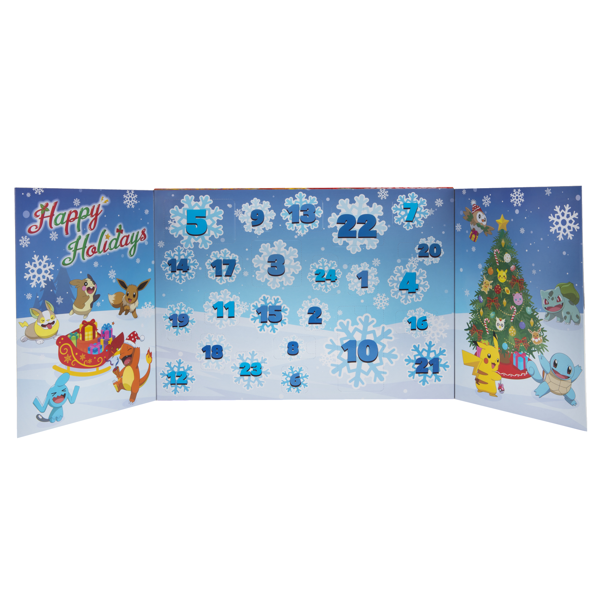 Pokemon Adventskalender mit verschiedenen Pokemon-Charakteren und Schneeflocken.