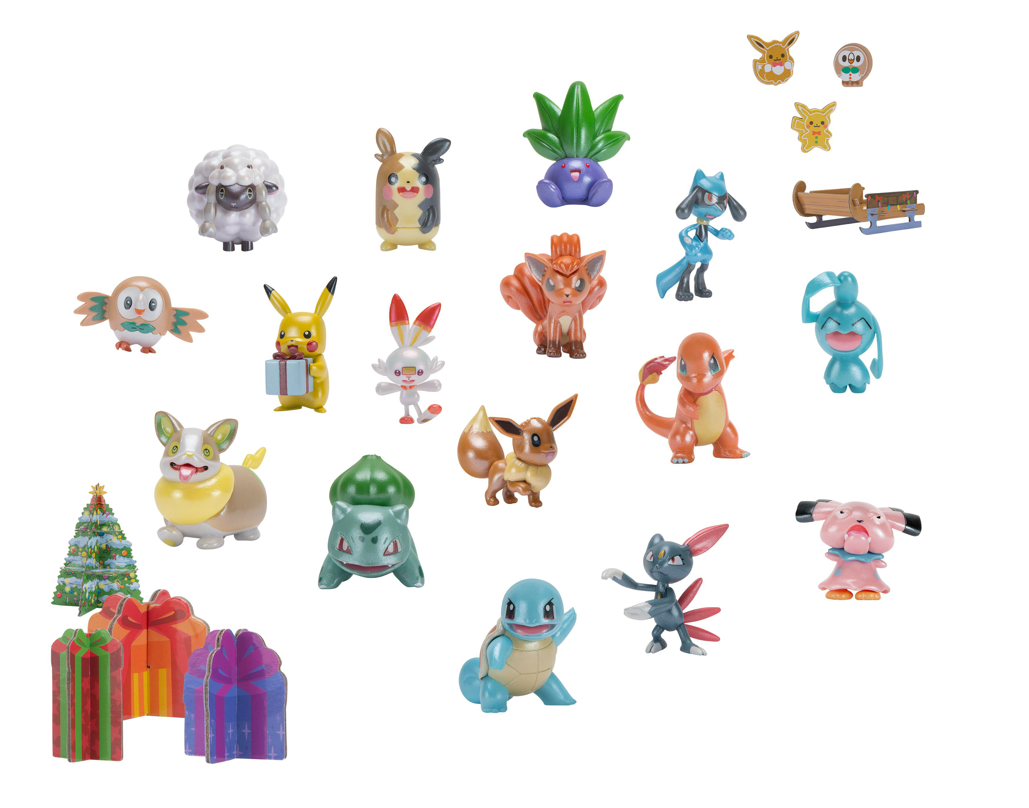 Sammlung von Pokemon-Figuren, darunter Pikachu, Schiggy und andere, auf weißem Hintergrund.