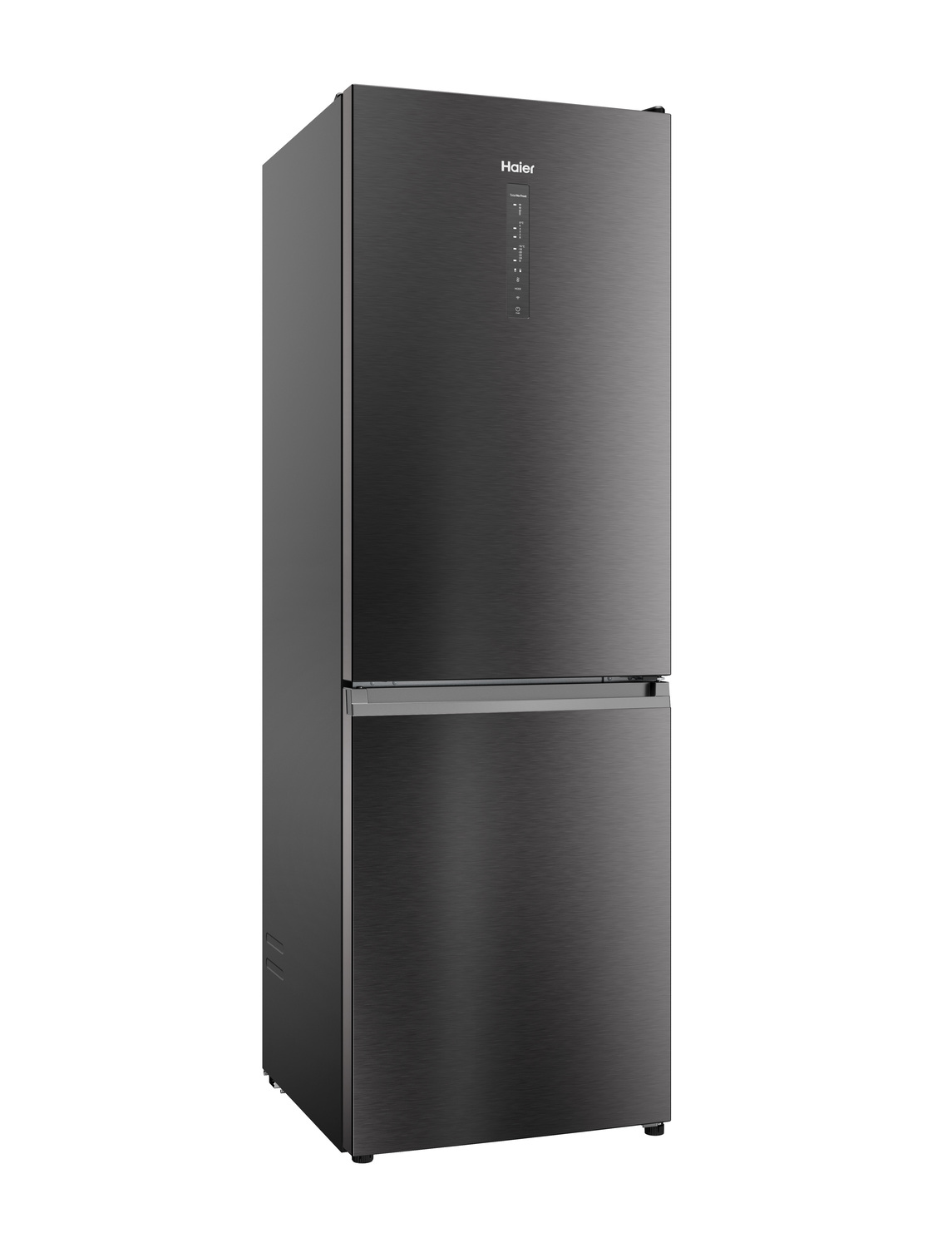 Refrigerador Haier negro. Dos puertas, congelador abajo y nevera arriba. Diseño vertical.