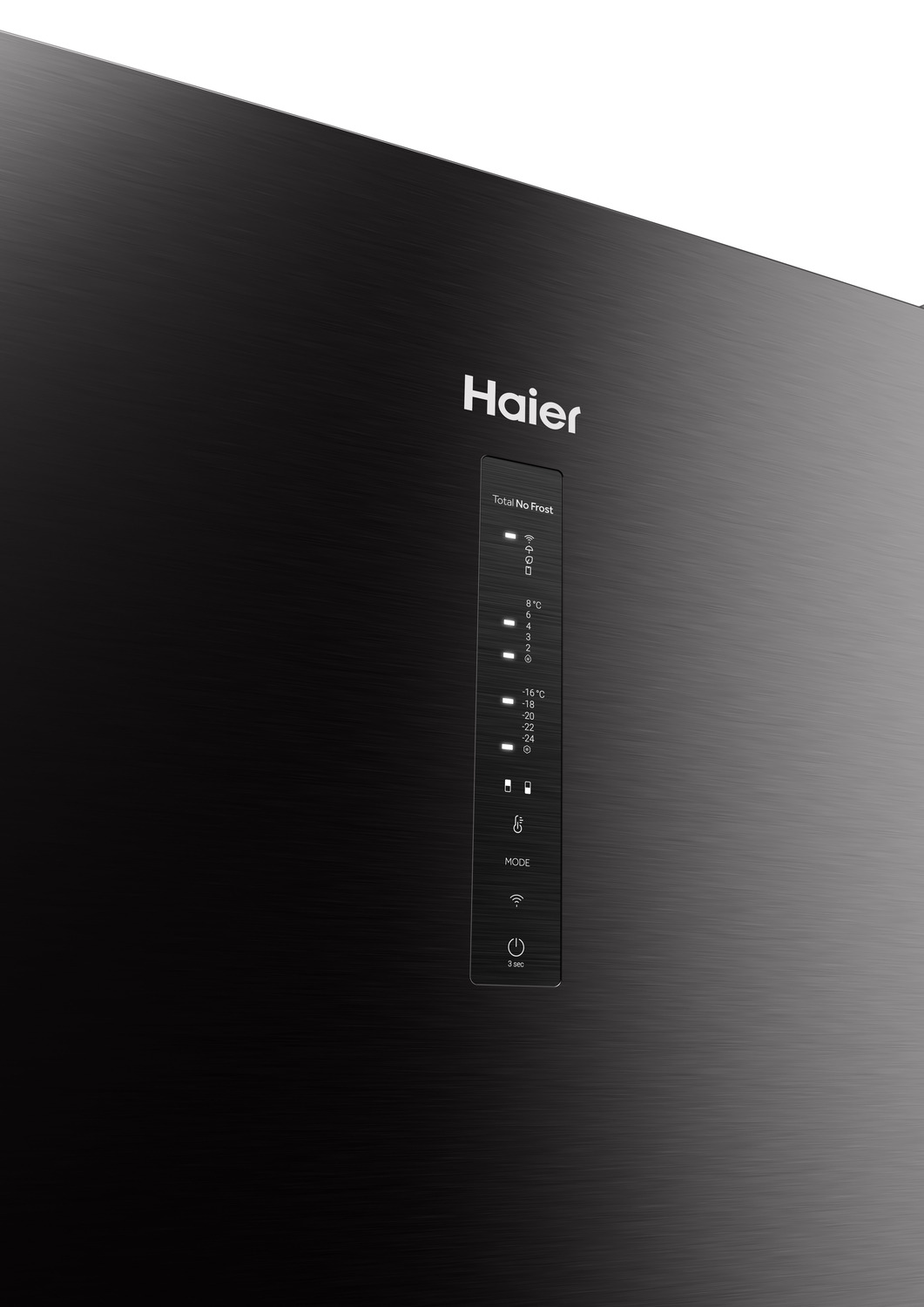 Una puerta de refrigerador negra con el logotipo de Haier y un panel de control.