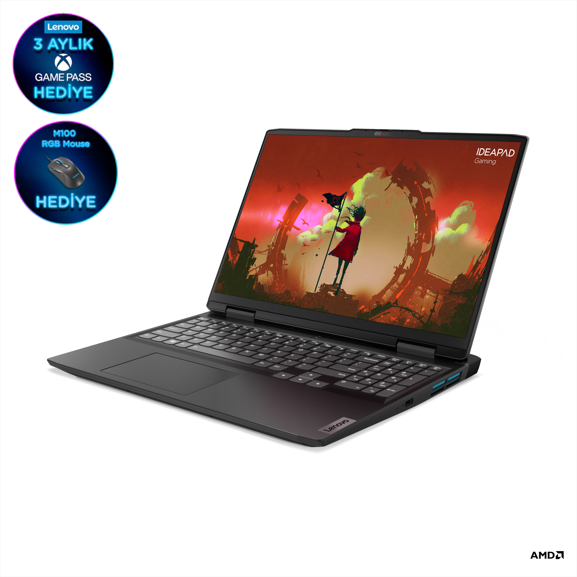 Oyun geçişi ve fare hediye promosyonları içeren siyah Lenovo dizüstü bilgisayar.