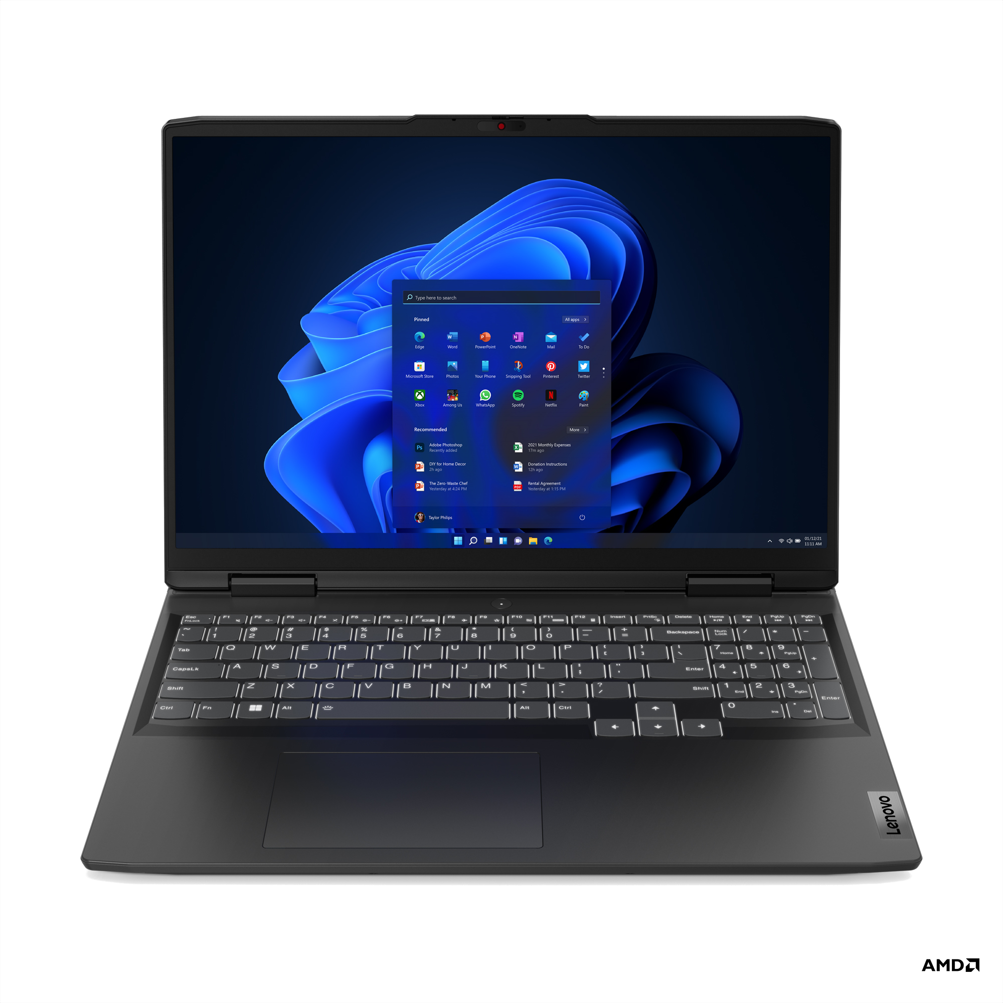 Windows arayüzlü, klavyeli ve uygulama simgeleri ve pencereleri gösteren ekranlı siyah Lenovo dizüstü bilgisayar.