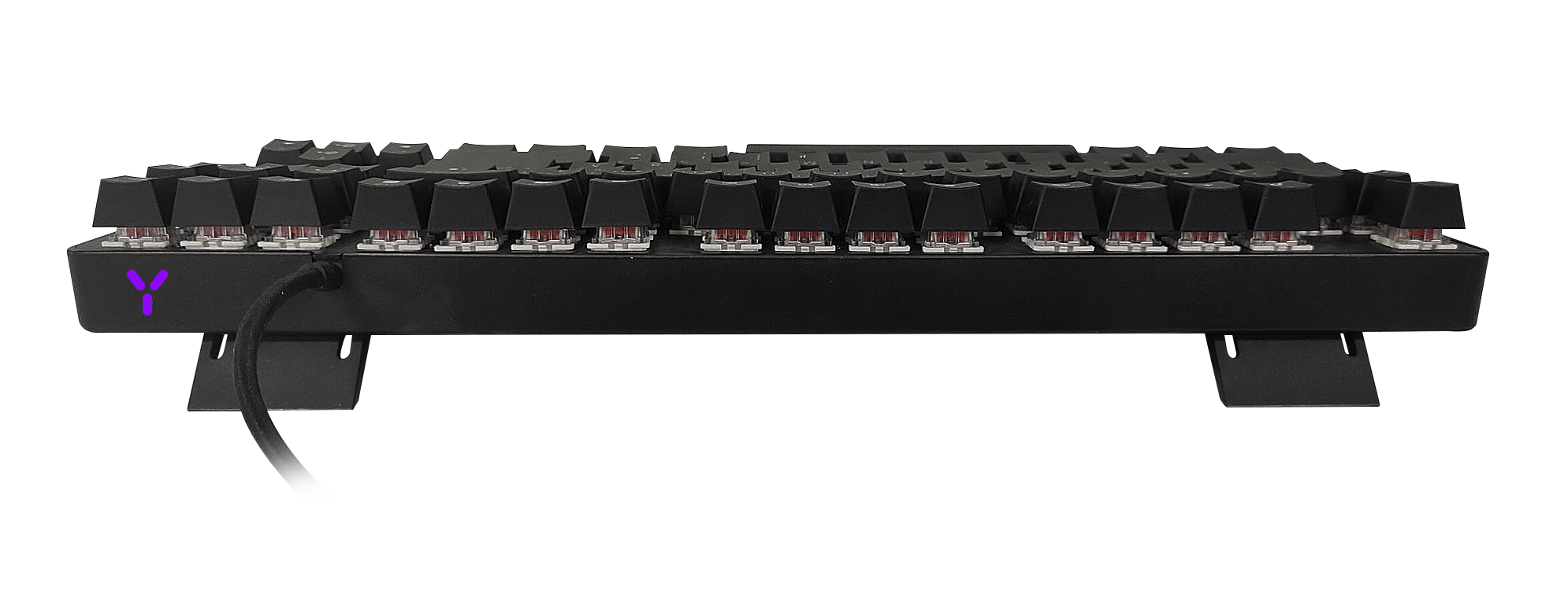 Schwarze Tastatur. Seitenansicht. Schwarze Tastenkappen mit lila Schaltern. Auf zwei schwarzen Füßen.