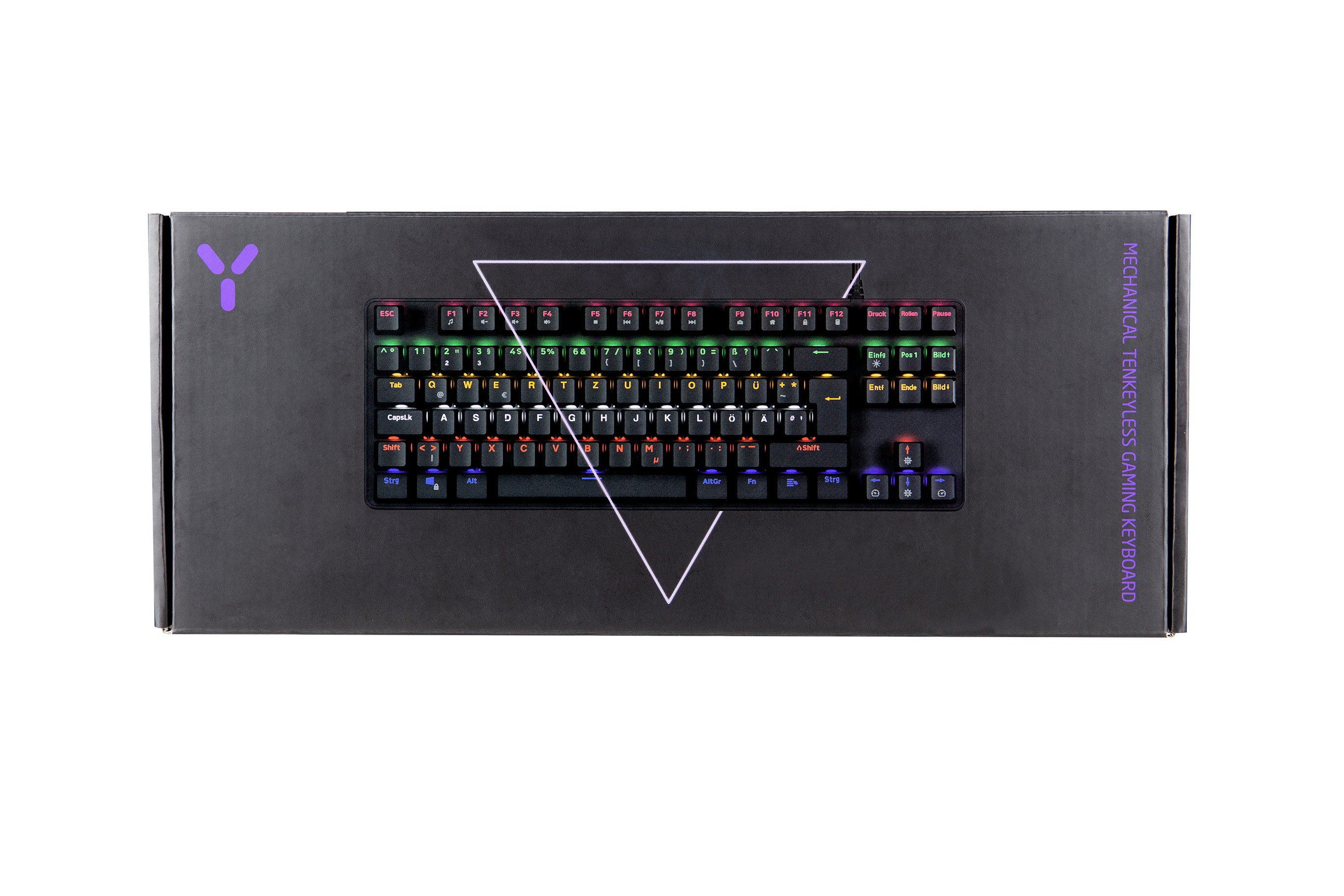 Eine schwarze mechanische Tastatur in ihrem Karton, mit bunten Tasten und einem Y-Logo.