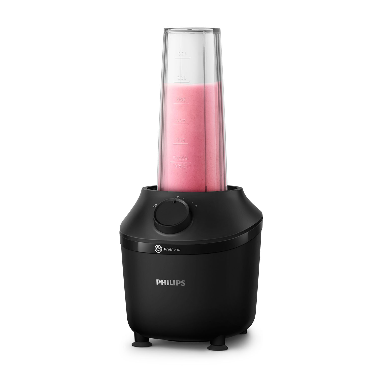 Un frullatore Philips nero con un contenitore trasparente pieno di frullato rosa.