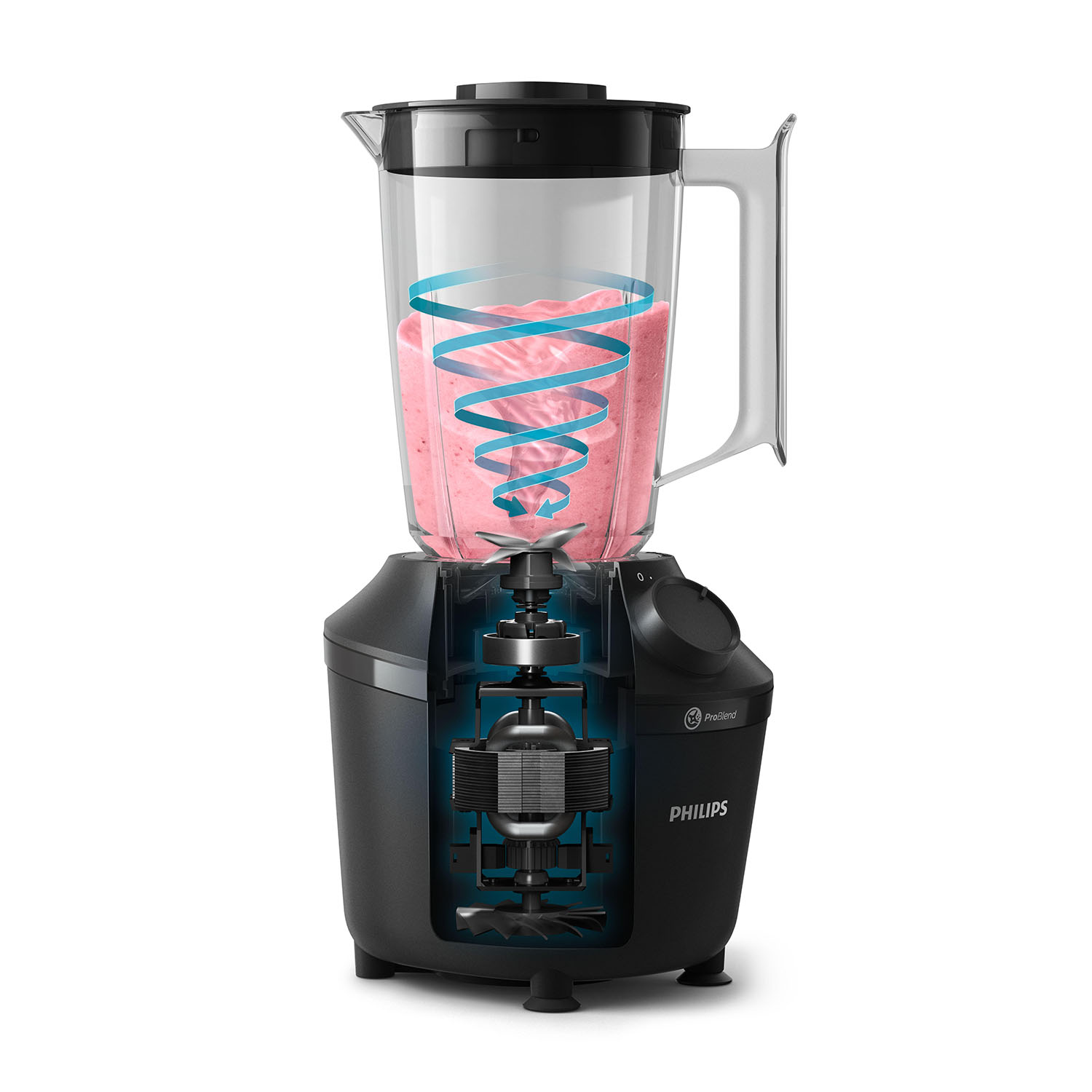 Frullatore con liquido rosa, sezione, base nera.