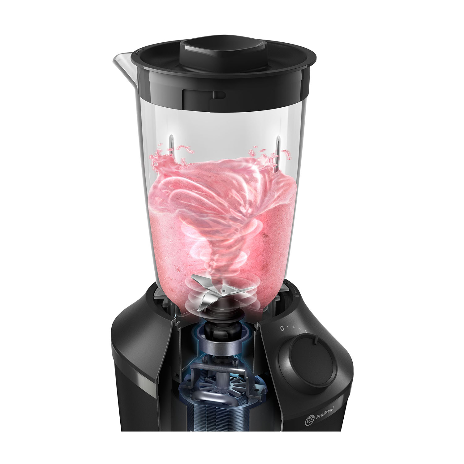 Un frullatore con liquido rosa in fase di miscelazione, parte del taglio del frullatore.
