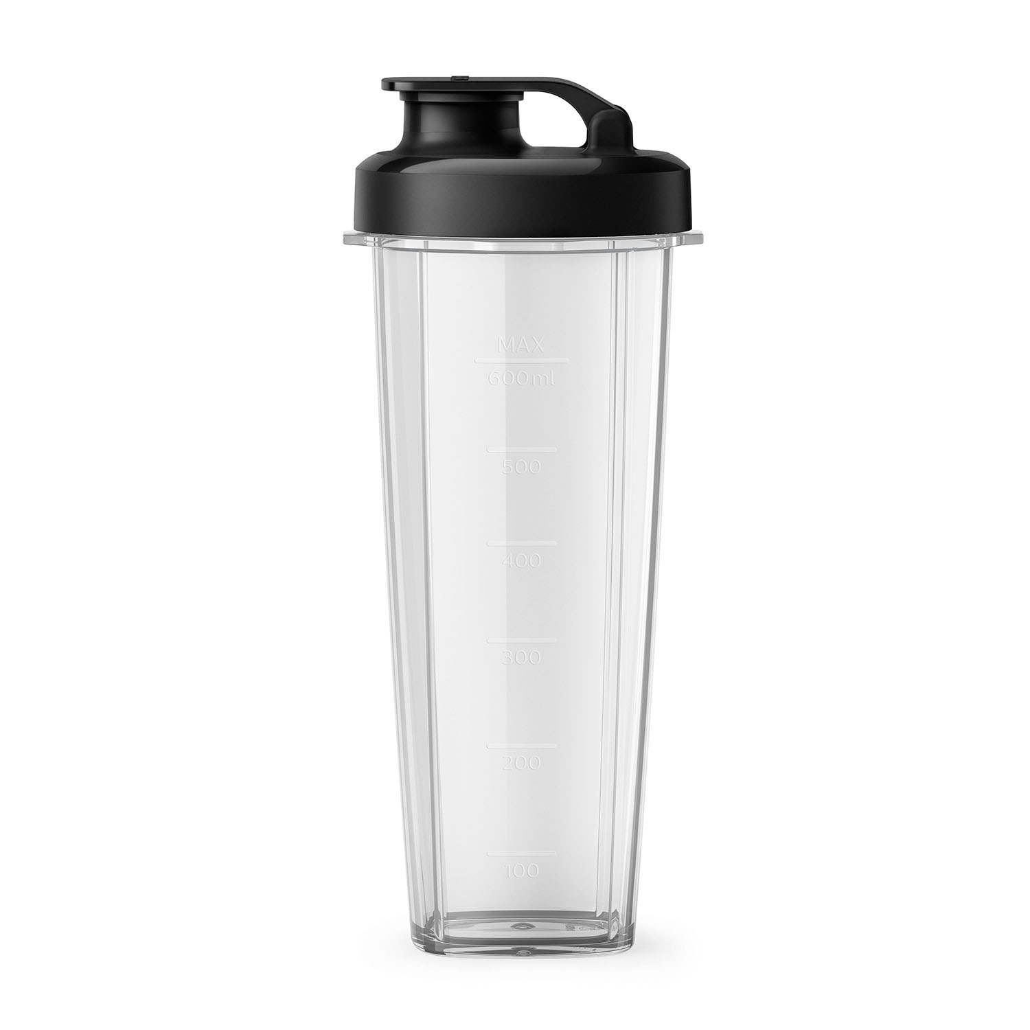 Una bottiglia shaker trasparente con coperchio nero. Ha misure in millilitri.