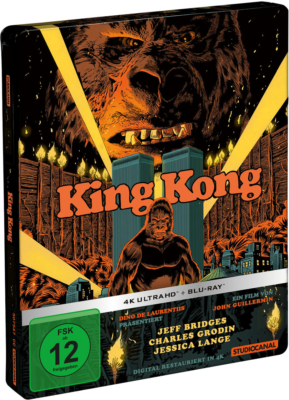 Blu-ray-Cover für 'King Kong' mit einem Gorilla und Stadtgrafiken.