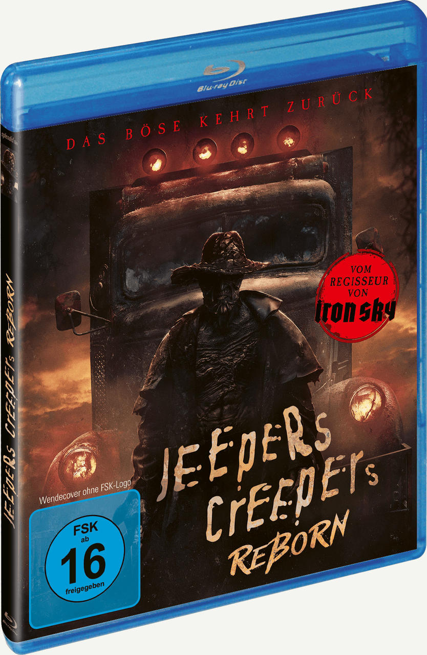 Blu-ray des Films 'Jeepers Creepers Reborn'. Das Cover zeigt ein Monster und einen Truck in dunkler Umgebung.