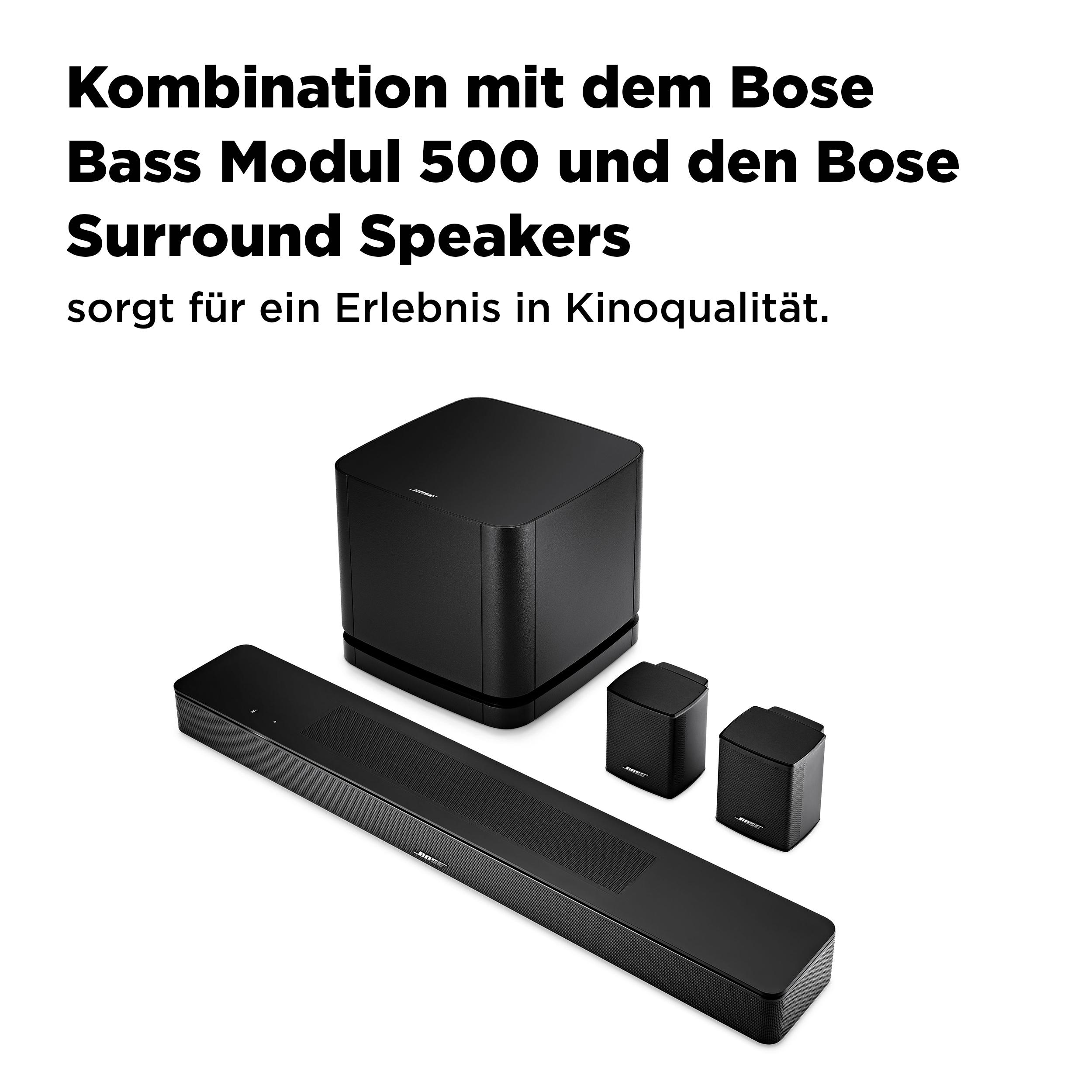 Schwarze Soundbar, Subwoofer und zwei Surround-Lautsprecher auf weißem Grund.