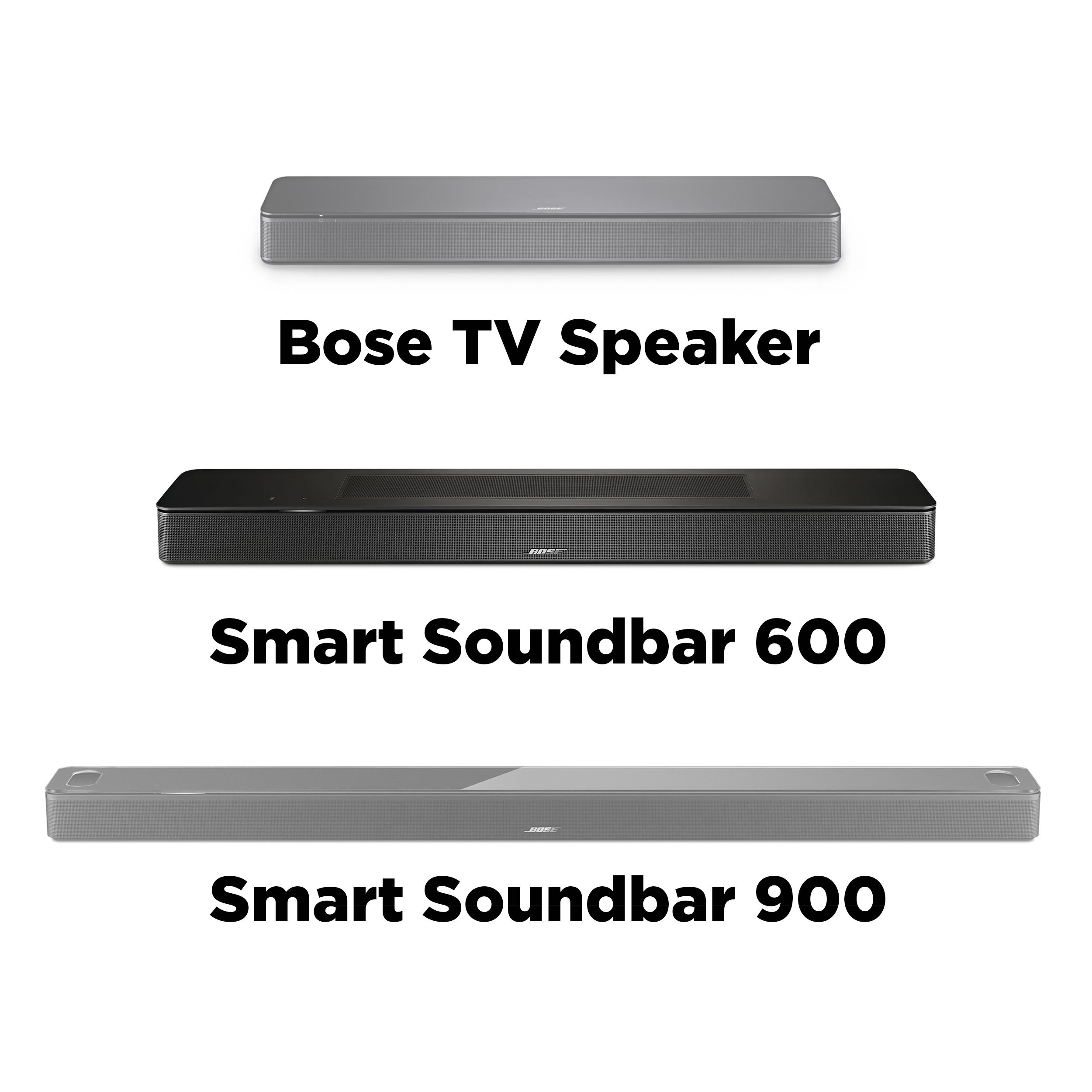 Drei Bose Soundbars: TV Speaker, Smart Soundbar 600 und Smart Soundbar 900, vor weißem Hintergrund.