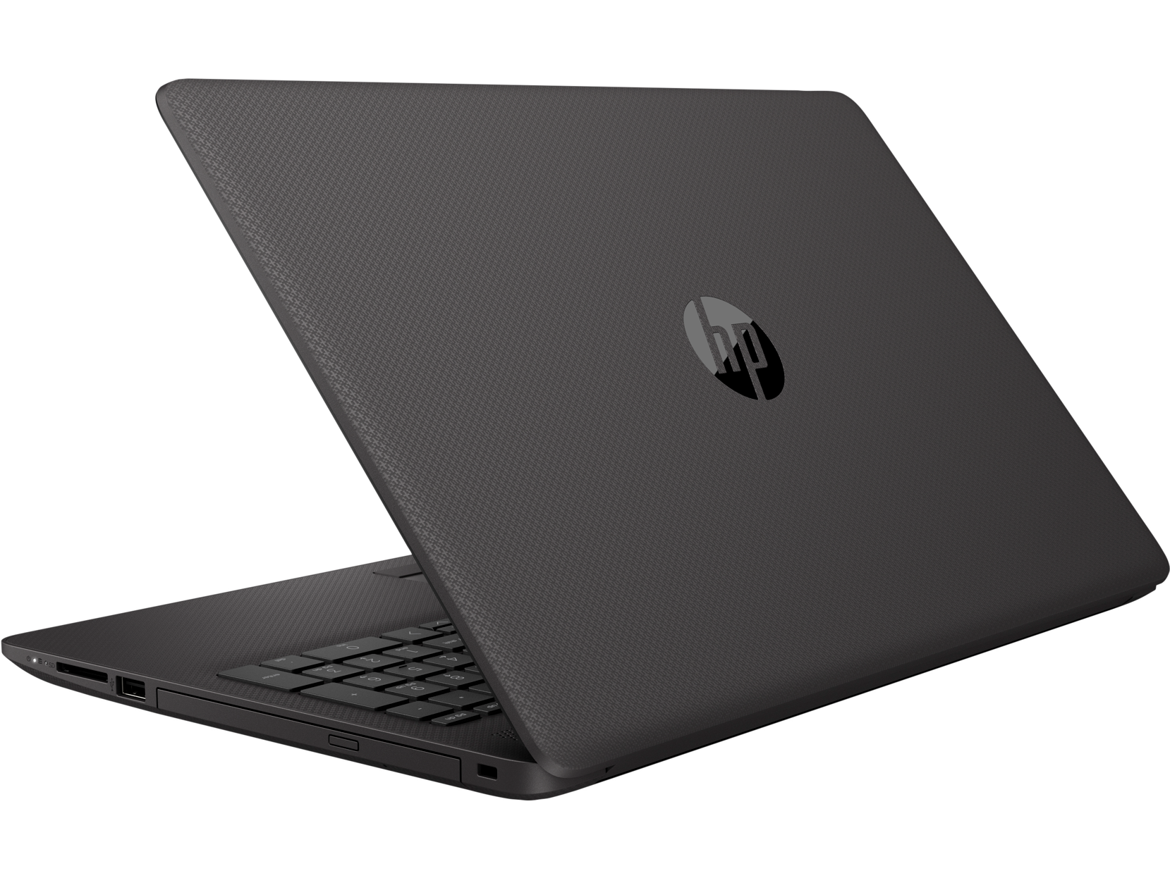 Un portátil HP gris oscuro, ligeramente abierto, sobre un fondo negro.