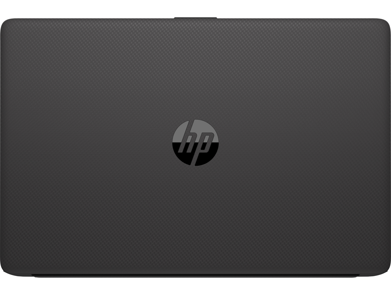 Un portátil negro con el logotipo de HP en el centro. Está cerrado, con una superficie texturizada.