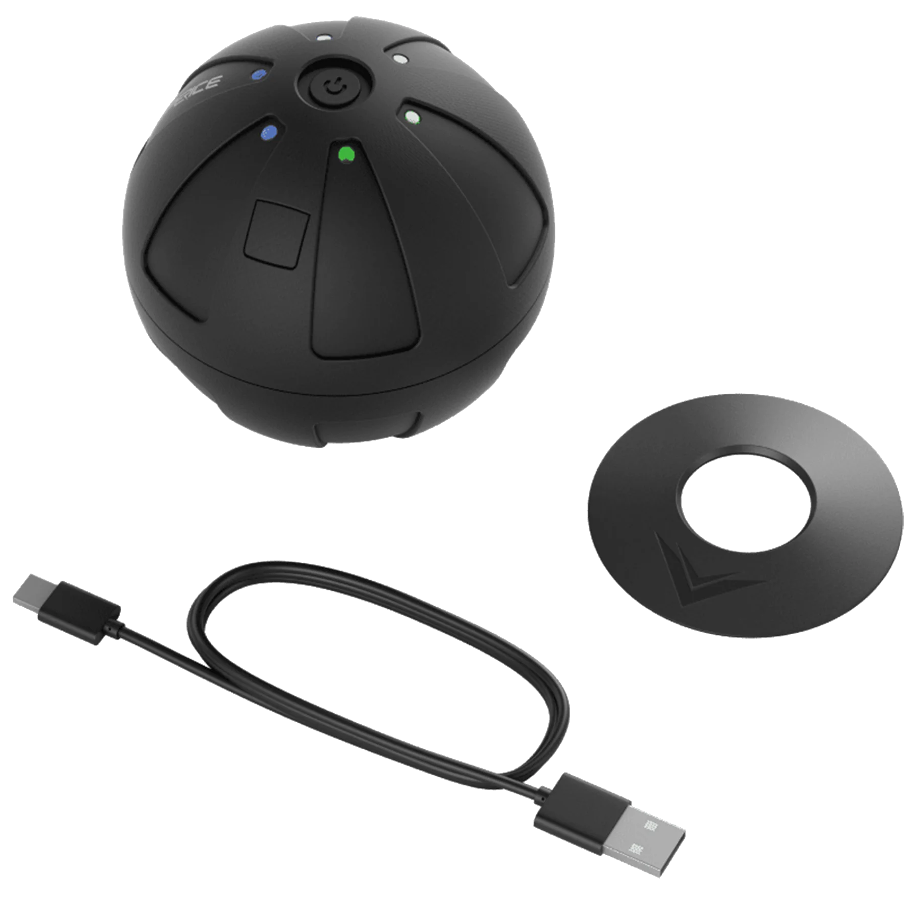 Egy fekete gömb alakú készülék gombokkal és lámpákkal, valamint egy töltődokkoló és egy USB-kábel.