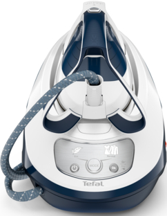 Weißes und blaues Tefal Dampfbügeleisen mit blauem Kabel.