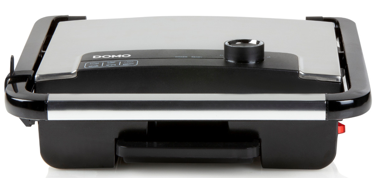 Black and silver DOMO electric grill, showing control panel, side view, white background.