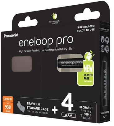 Panasonic eneloop pro elemek doboza. A csomagoláson az elemek és egy utazótáska látható.