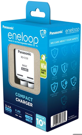 Kék-fehér Panasonic eneloop akkumulátortöltő doboz. Egy töltőt és egy akkumulátort mutat benne.