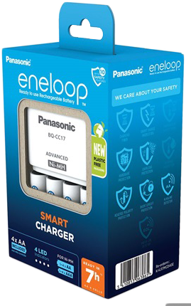 Egy doboz Panasonic eneloop újratölthető elem és egy töltő. A doboz biztonsági információkat jelenít meg.