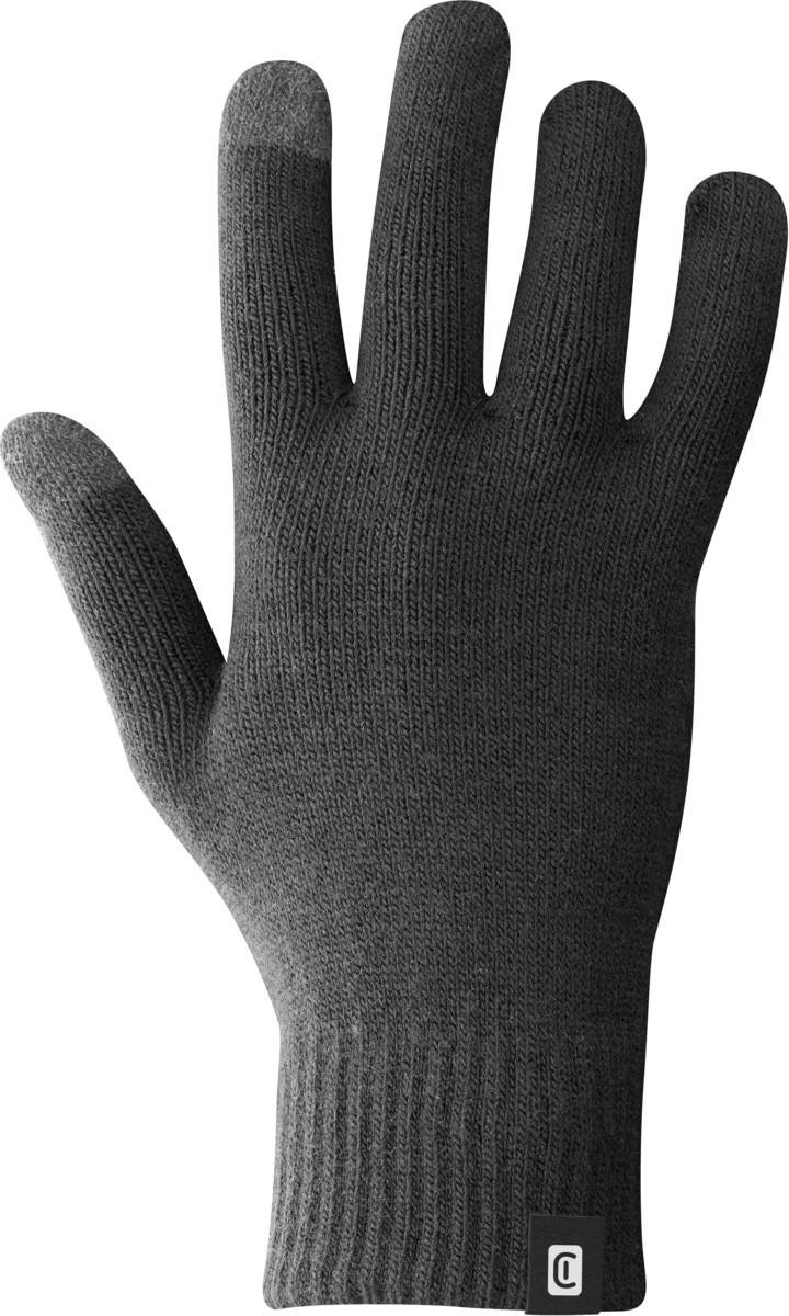 A black glove with a grey tip on the index finger. The glove is made of a knitted material.